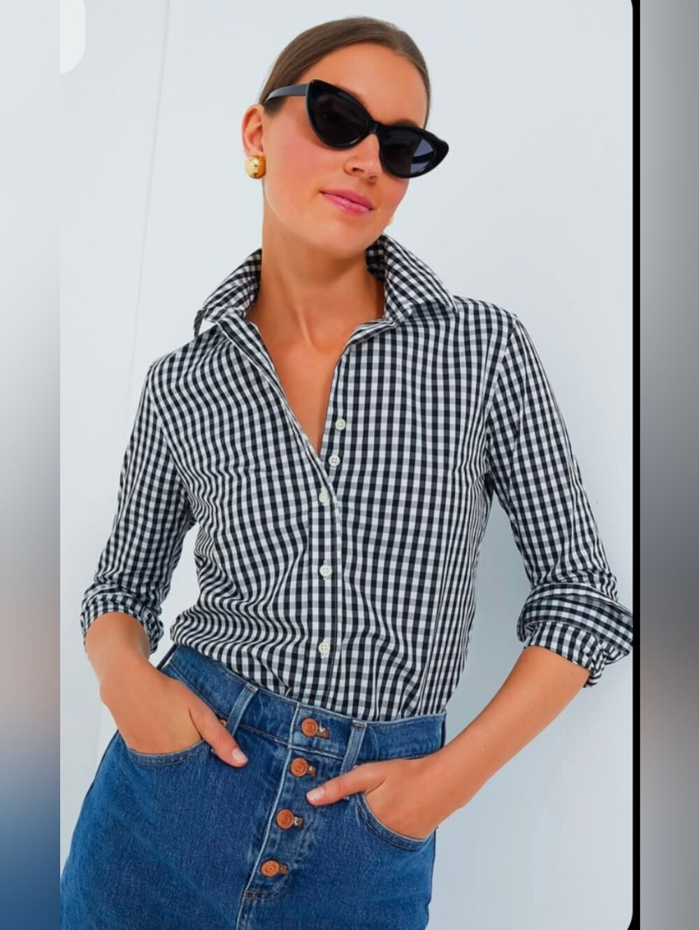 Talbots Black & White Non Iron Gingham Button-Down Shirt Cotton Spandex 14P